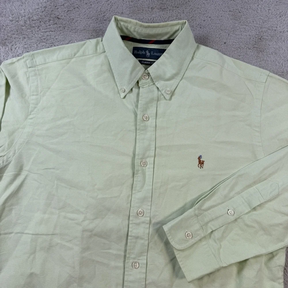 Polo Ralph Lauren Shirt Mens Medium Green Long Sleeve Button Down Flesh Pony